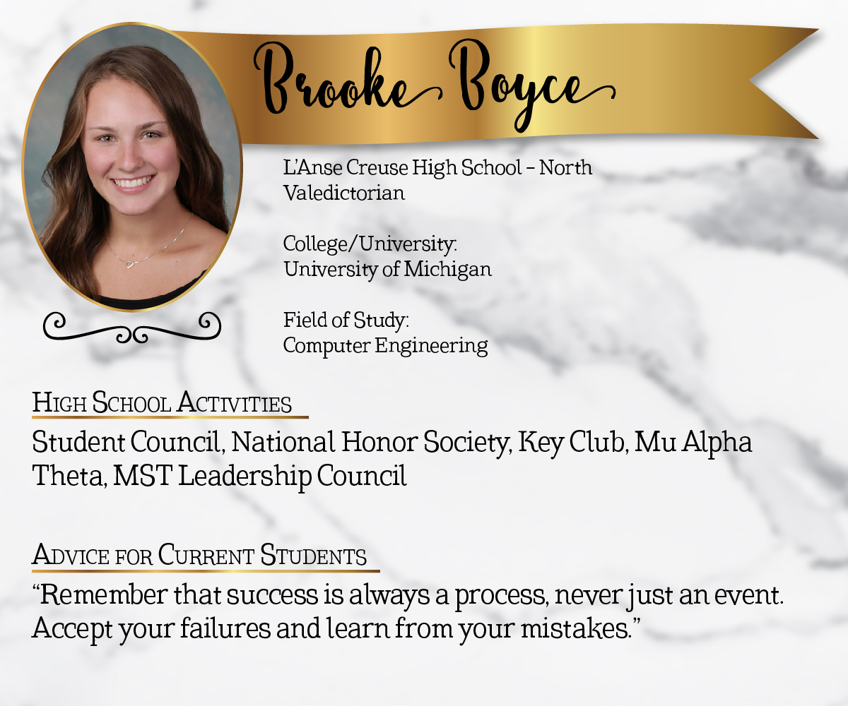 L'Anse Creuse High School - North Valedictorian<br/><br/>College/University:<br/>University of Michigan<br/><br/>Field of Study:<br/>Computer Engineering<br/><br/>High School Activities:<br/>Student Council, National Honor Society, Key Club, MST Mu Alpha Theta, MST Leadership Council<br/><br/>Advice for Current Students:<br/>"Remember that success is always a process, never just an event. Accept your failures and learn from your mistakes."