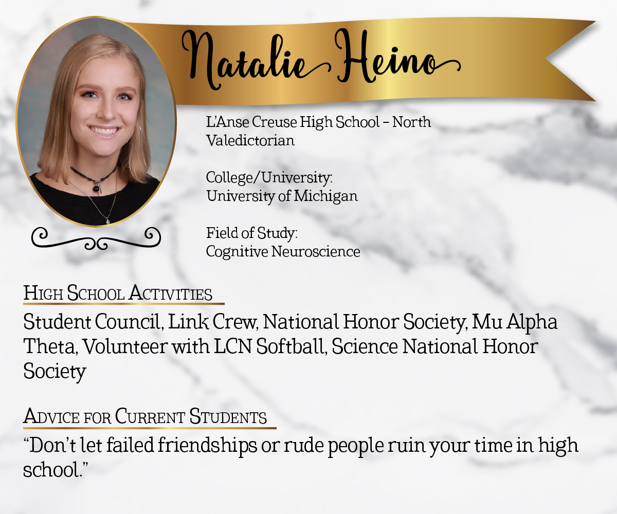 L'Anse Creuse High School - North Valedictorian<br/><br/>College/University:<br/>University of Michigan<br/><br/>Field of Study:<br/>Cognitive Neuroscience<br/><br/>High School Activities:<br/>Student Council, Link Crew, National Honor Society, Mu Alpha Theta, Volunteer with LCN Softball, Science National Honor Society<br/><br/>Advice for Current Students:<br/>"Don't let failed friendships or rude people ruin your time in high school."