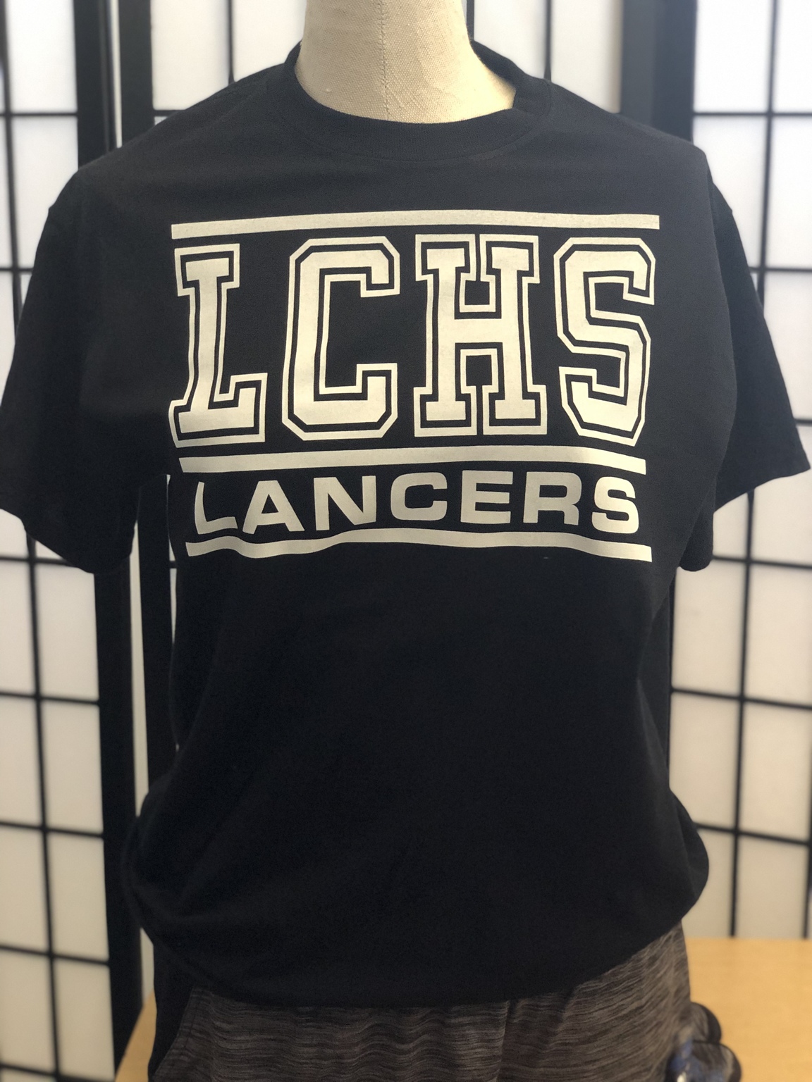 LCHS Lancers with 3 long lines, white font