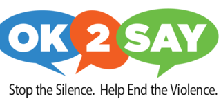 OK2Say logo. Stop the silence. Help end the violence.